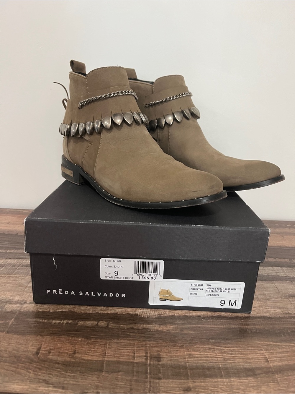 Freda Salvador Taupe Suede Ankle Boots with Metal Chain and Teardrop Accents